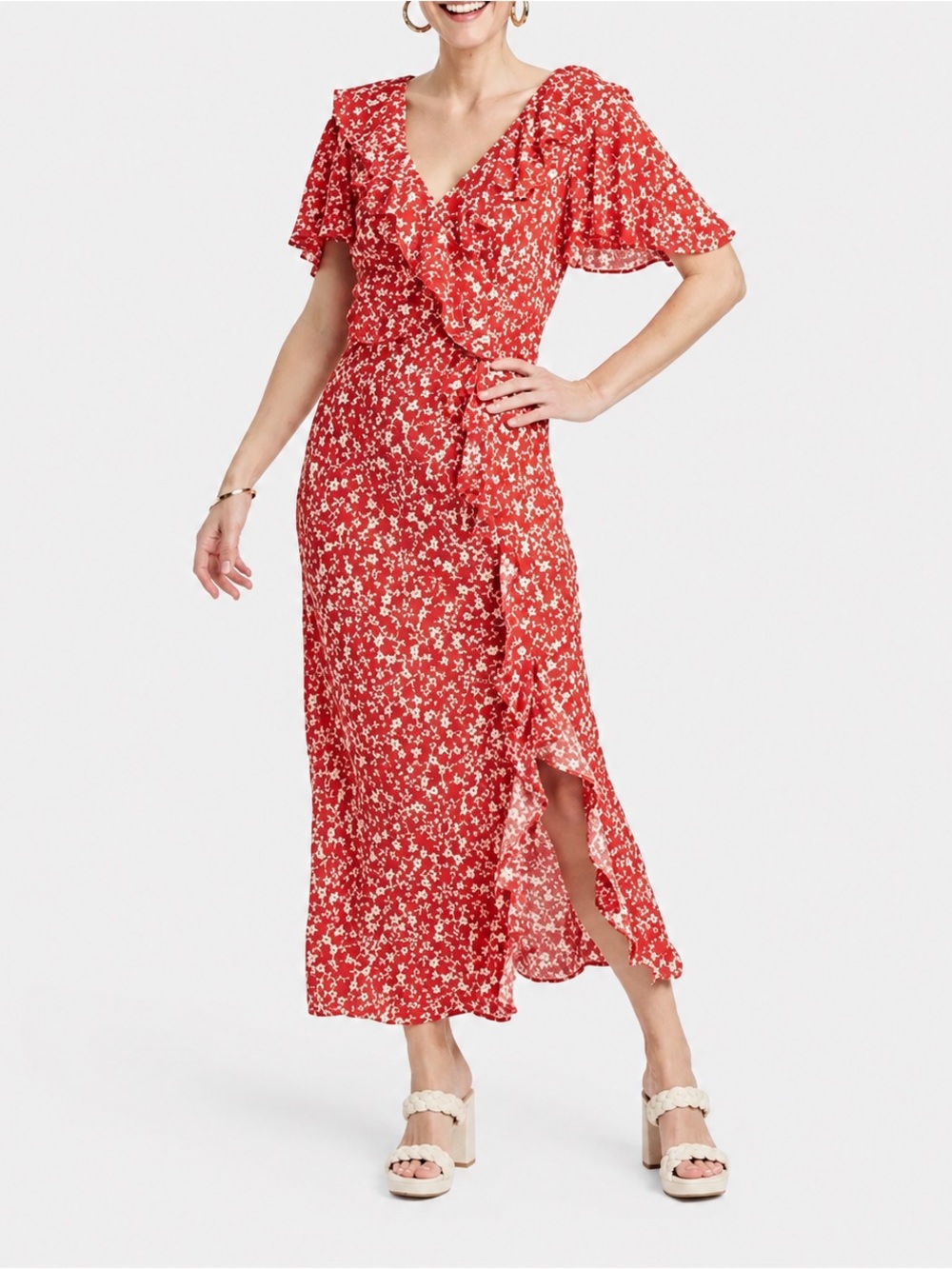 NWOT A New Day red floral maxi dress with ruffle detail and slit, size M